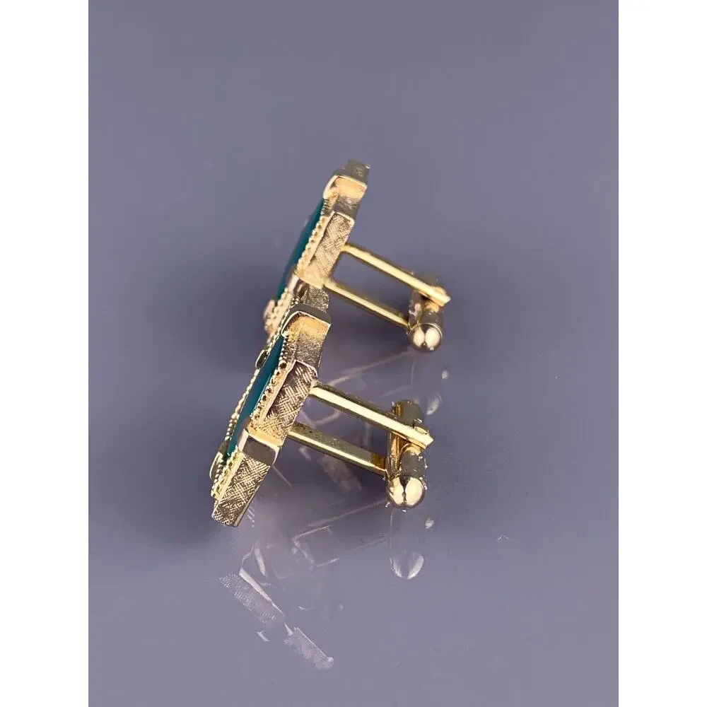 Green Jade Nephrite Stone Cufflinks Gold Plated Open Frame Square Swank Vintage